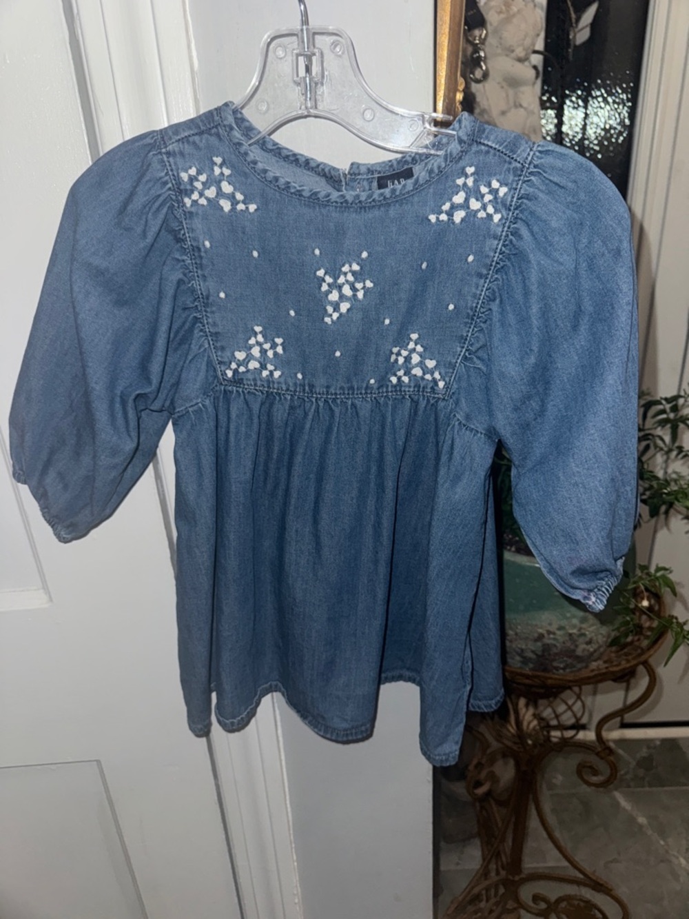 Denim Embroidered Puff-Sleeve Top for Kids - Blue